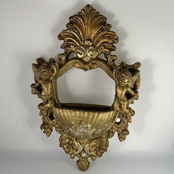 Vintage Mid Century MCM Gold Cherub Plaster Ceramic Wall Pocket Italian Regency - Picture 1 of 10